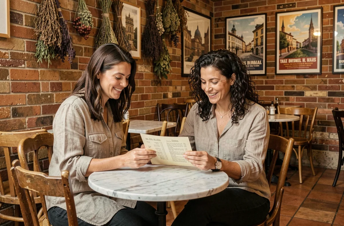 Femme souriante découvrant la carte d'un bistrot de quartier typique à Toulouse avec décor en briques apparentes et carrelage ancien