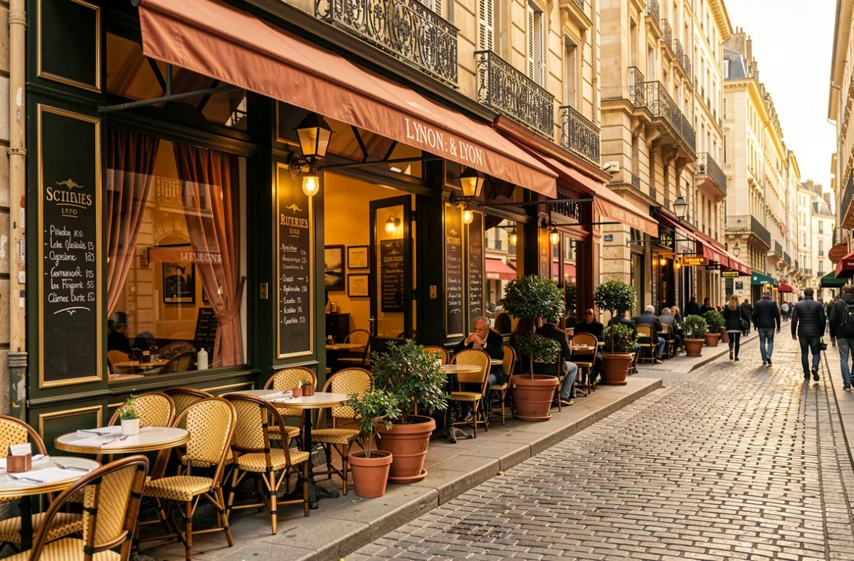 Vue d'ensemble d'une rue lyonnaise animée avec terrasses de restaurants et façades en pierre ocre dans le Rhône