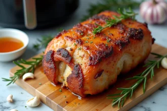 Rôti de porc doré avec marinade aux herbes et à l'ail sur planche en bois, accompagné de romarin frais, photographié en vue 3/4 pour illustrer une recette Airfryer
