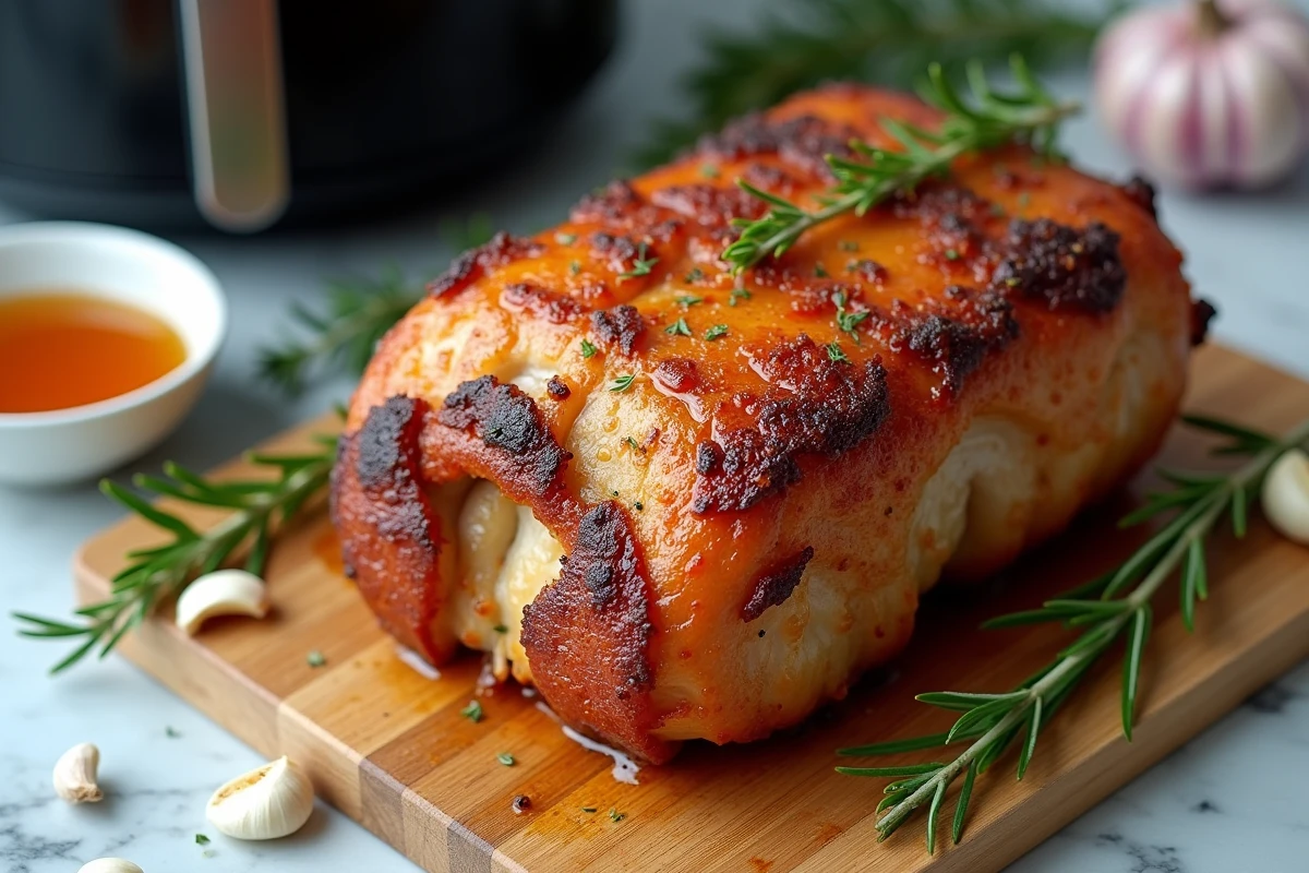 Rôti de porc doré avec marinade aux herbes et à l'ail sur planche en bois, accompagné de romarin frais, photographié en vue 3/4 pour illustrer une recette Airfryer