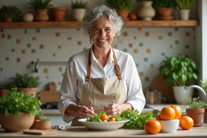 Femme souriante garnissant une salade méditerranéenne dans la cuisine