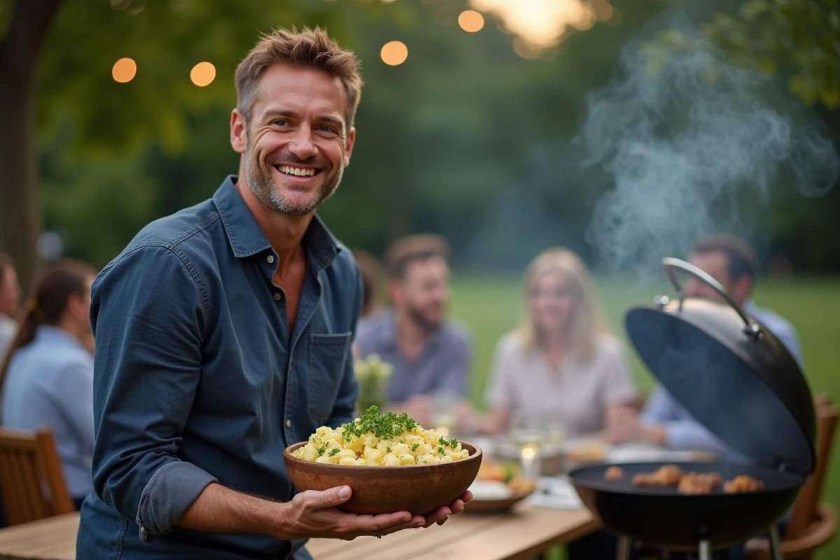 Homme apportant un grand bol de salade de pommes de terre aux herbes sur une table de pique-nique lors d'un barbecue entre amis en soirée d'été