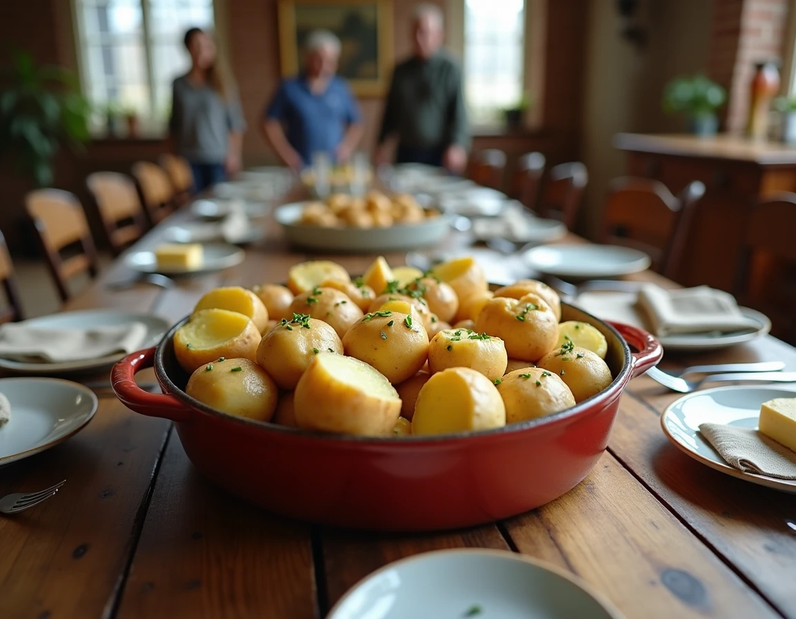 Table familiale avec un grand plat de pommes de terre au four ouvertes et garnies de beurre, prêtes à être servies en repas de famille