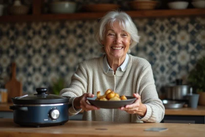 Femme française servissant un boeuf carotte maison