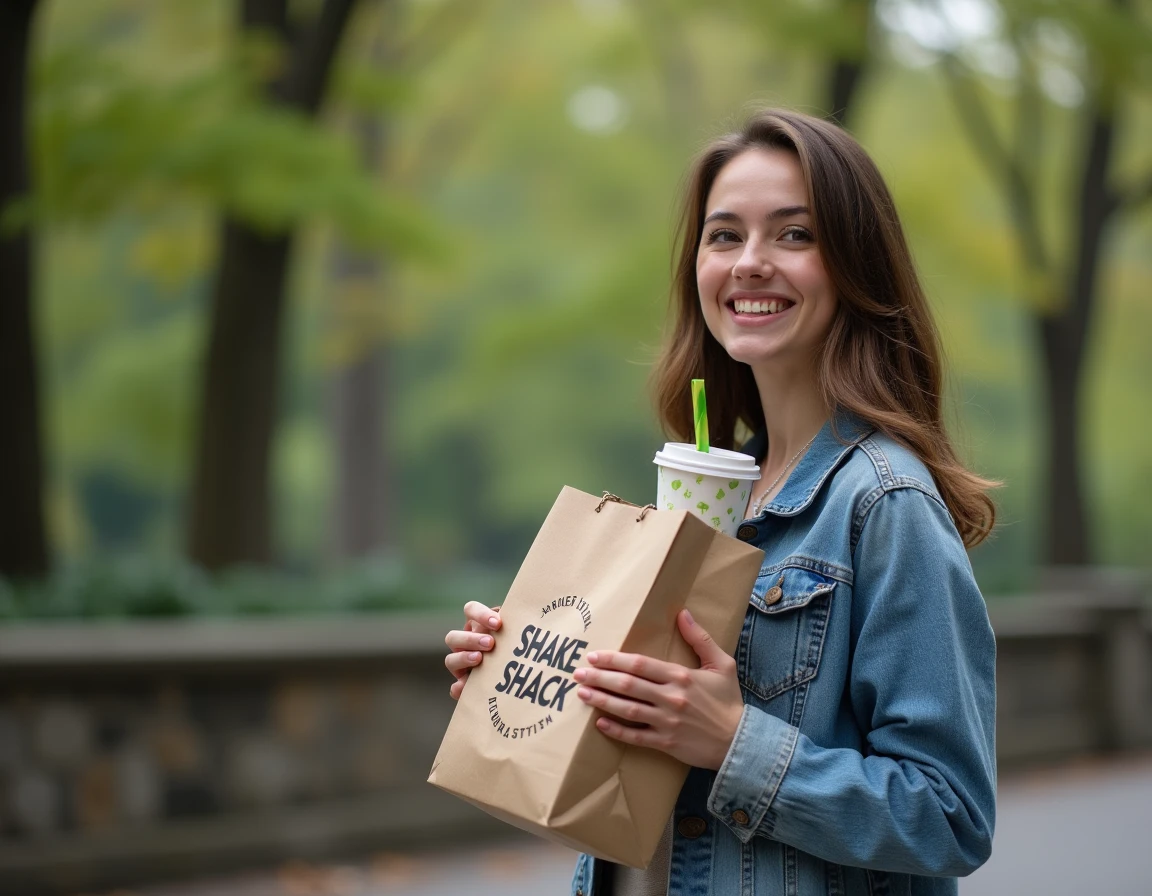 Jeune femme tenant un repas Shake Shack près de Central Park à New York lors d'une visite touristique