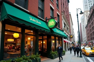 Devanture d'un restaurant Shake Shack à Manhattan avec l'enseigne verte emblématique et des piétons new-yorkais sur le trottoir