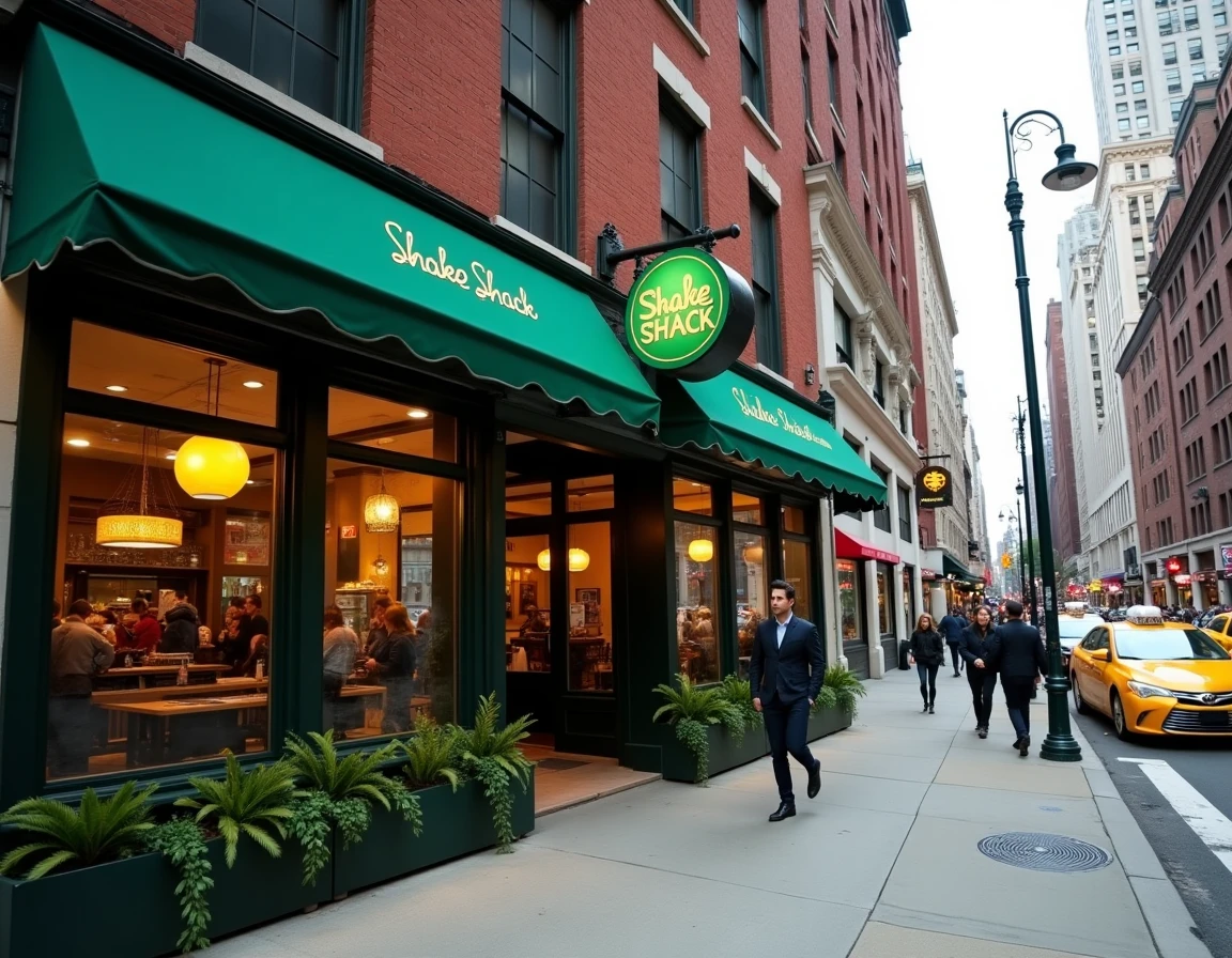Devanture d'un restaurant Shake Shack à Manhattan avec l'enseigne verte emblématique et des piétons new-yorkais sur le trottoir