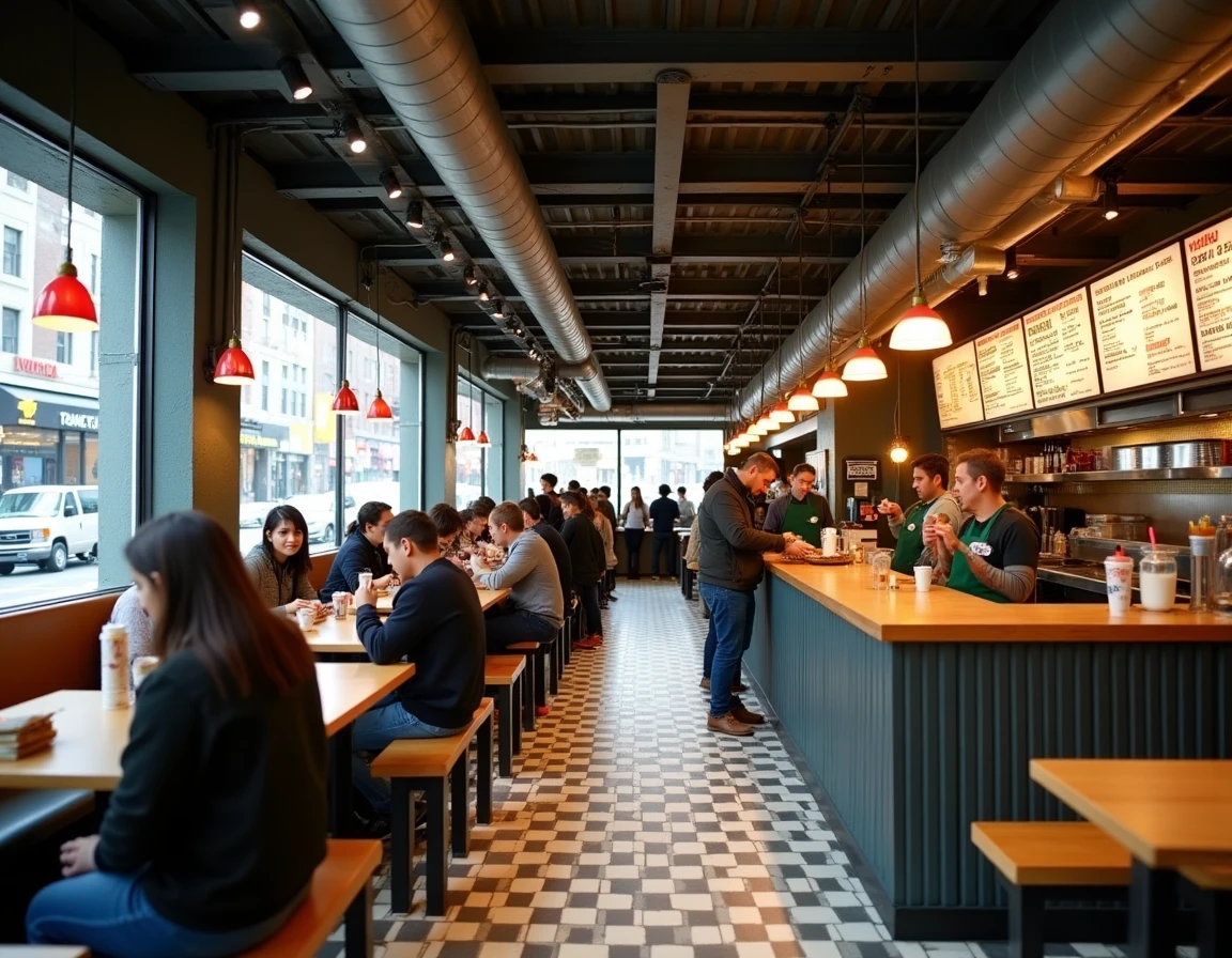 Intérieur animé d'un Shake Shack new-yorkais avec clients attablés, comptoir de commande et design industriel moderne