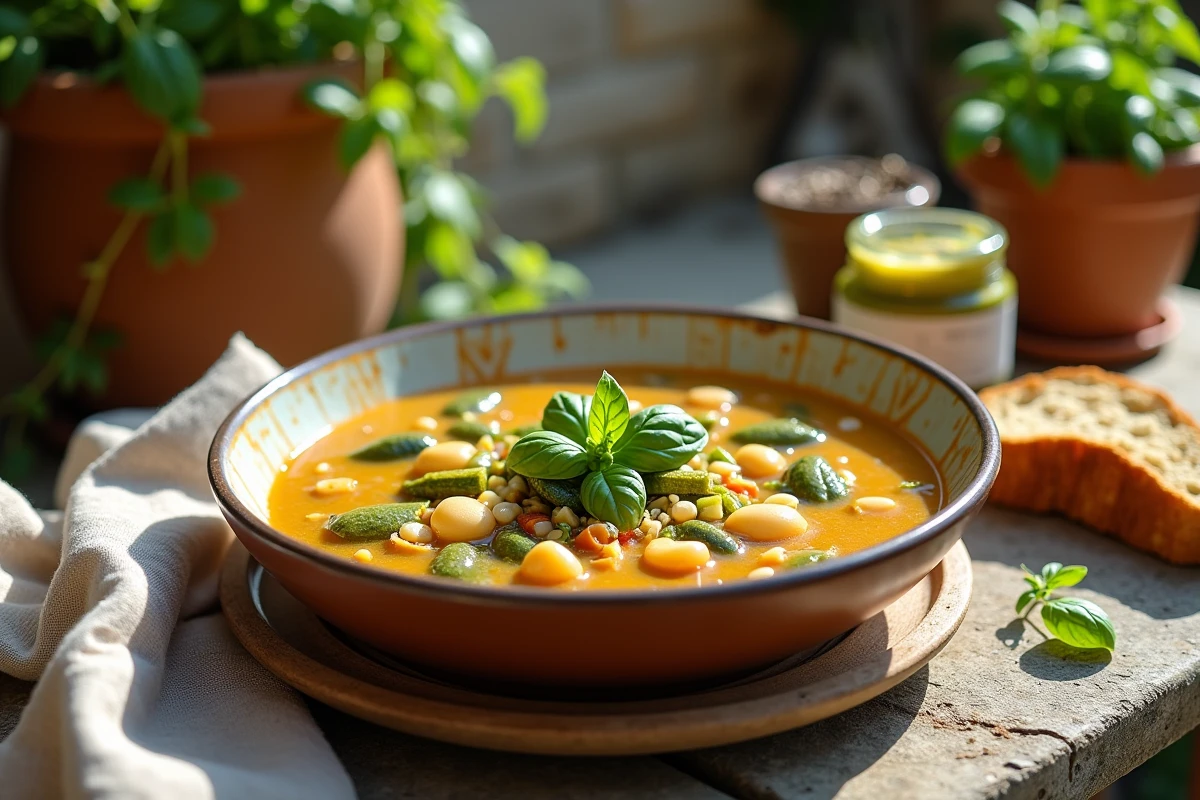 Bol rustique de soupe au pistou provençale traditionnelle sur une table en pierre, garnie de légumes colorés et de pistou maison