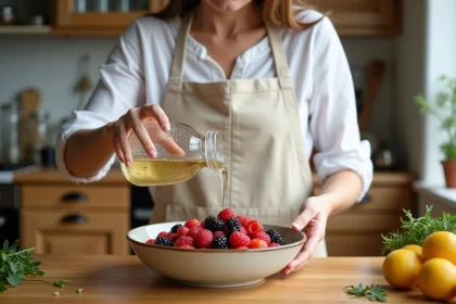 Femme versant un substitut d'alcool dans un bol de fruits macérés dans une cuisine maison en bois