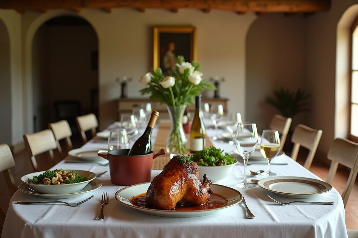 Table dressée à la française avec confit de canard, salade aux noix, chou rouge braisé et bouteille de vin blanc des Côtes du Rhône dans un décor provençal
