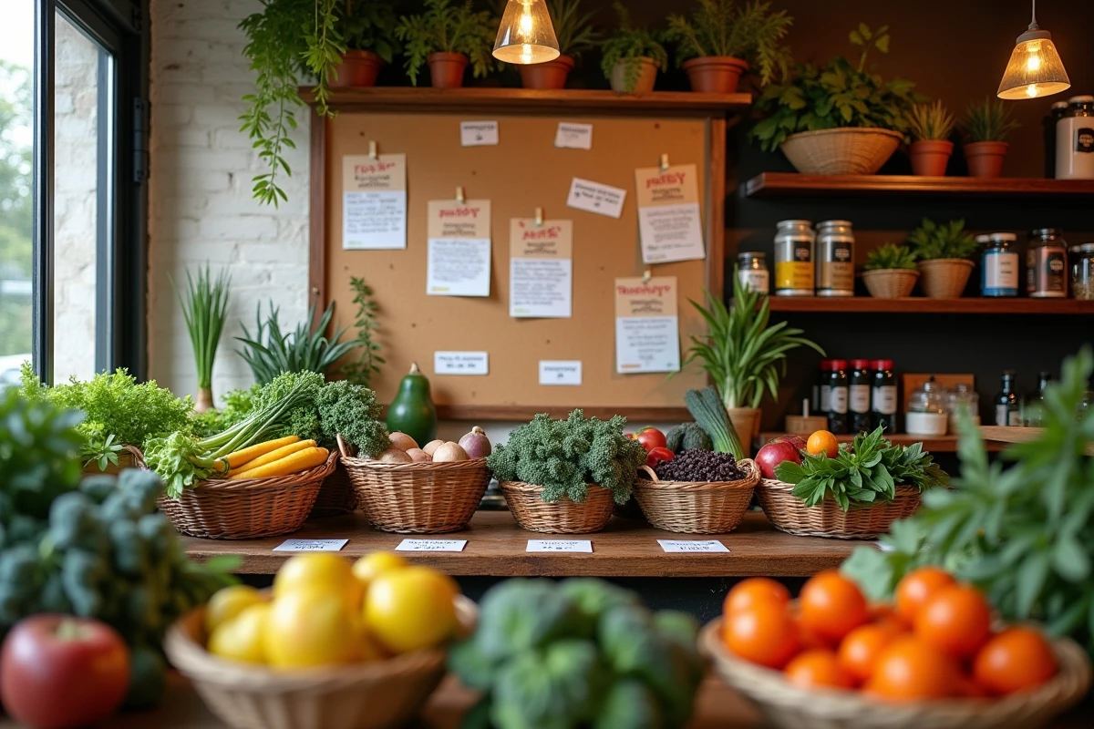 Tableau d'avis clients affiché dans un primeur artisanal avec légumes et paniers en osier