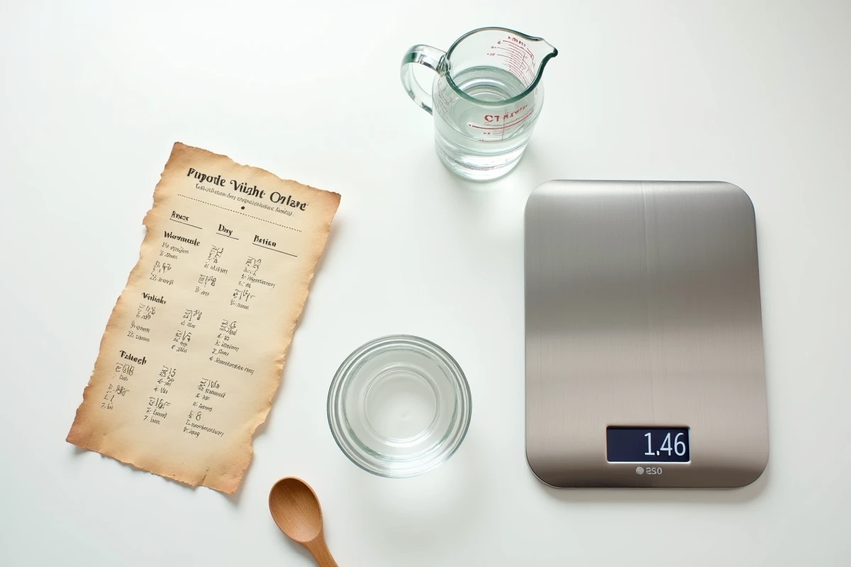 Vue de dessus d'un verre doseur d'un litre, une balance de cuisine et un tableau de conversion manuscrit pour passer des litres aux kilogrammes