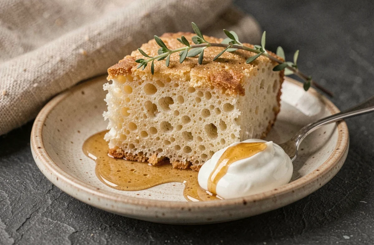 Tranche de gâteau au yaourt en gros plan montrant une mie aérée et moelleuse avec une cuillerée de yaourt grec et un filet de miel