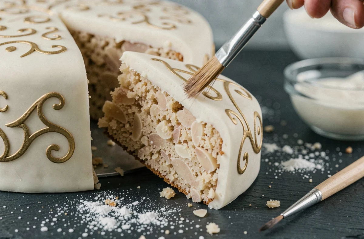 Tranche de pain de Gênes décorée avec un glaçage ivoire peint à la main de motifs arabesques dorés, révélant la mie moelleuse aux amandes