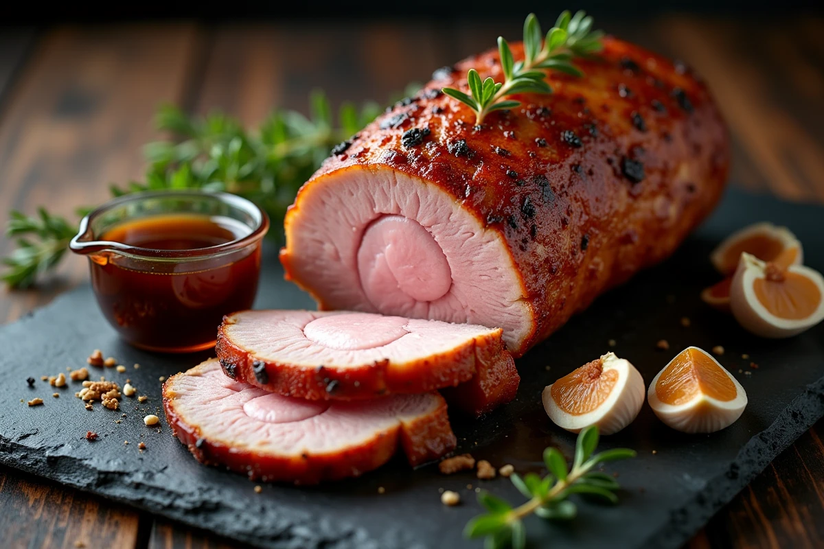Tranches de rôti de porc Airfryer en coupe transversale sur ardoise, révélant un intérieur juteux et une croûte caramélisée avec marinade réduite en accompagnement