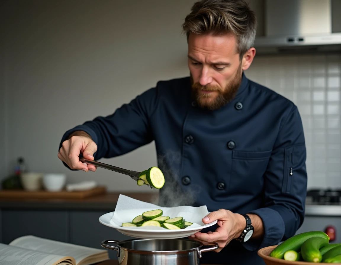 Chef retirant des courgettes surgelées cuites à la vapeur d'un panier cuiseur pour les déposer sur une assiette