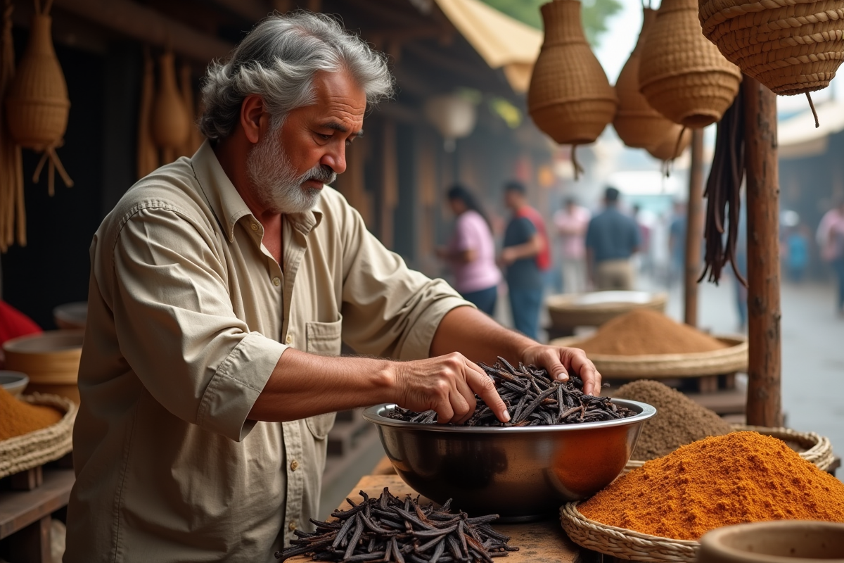 Marchand de vanille en marché en plein air avec paniers et épices