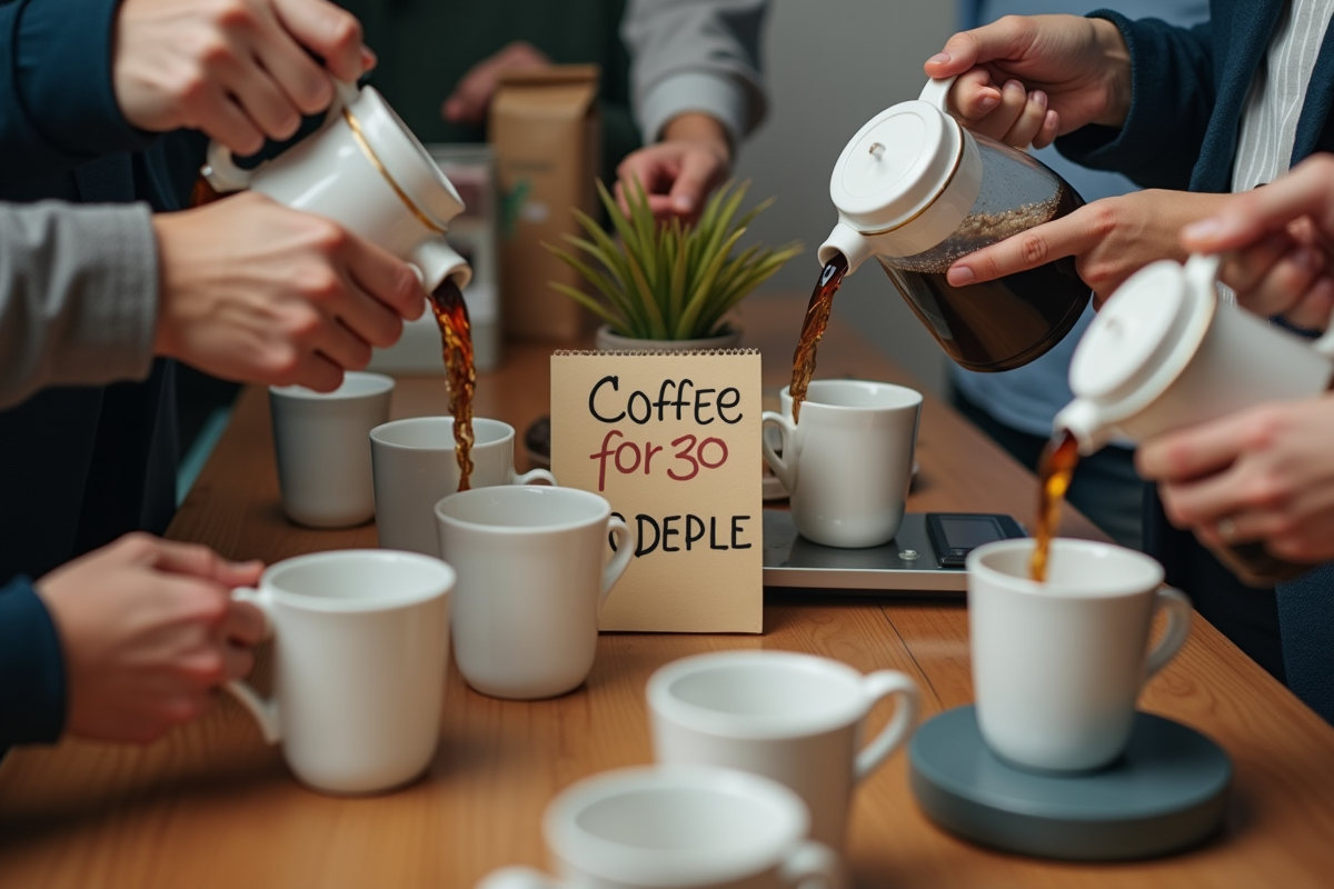 Mains versant du cafe dans des mugs en porcelaine sur une table en bois