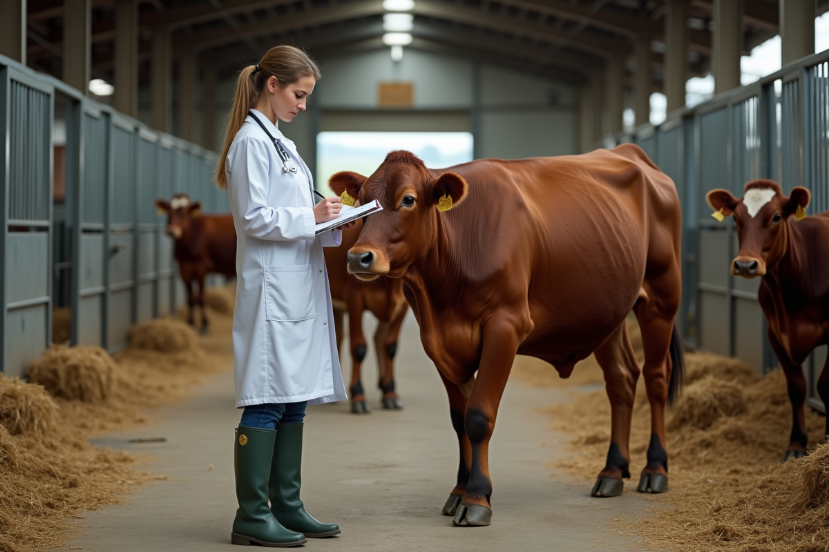 Vétérinaire dans une étable avec vaches et carnet