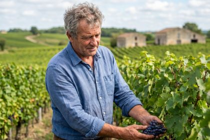 Vigneron fran&ccedil;ais inspectant des raisins Merlot dans un vignoble
