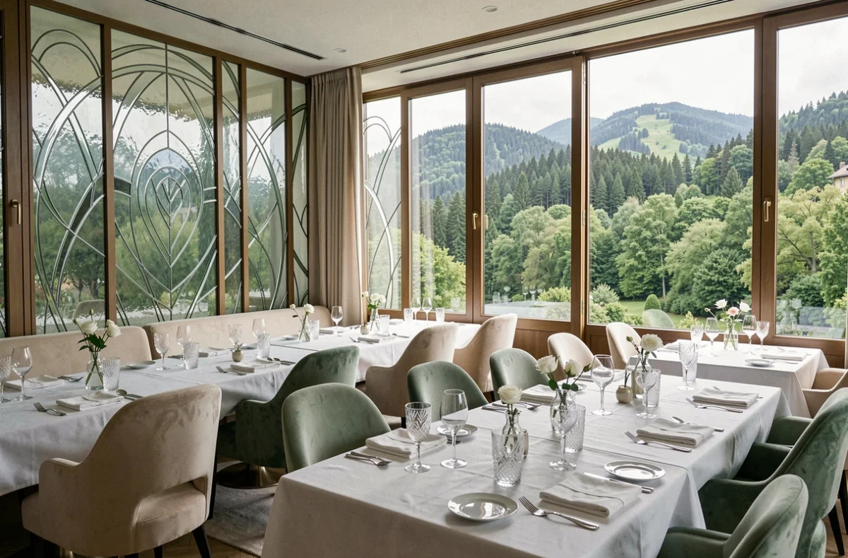 Salle à manger de la Villa René Lalique à Wingen-sur-Moder avec installations en verre Art Nouveau et vue sur la forêt des Vosges
