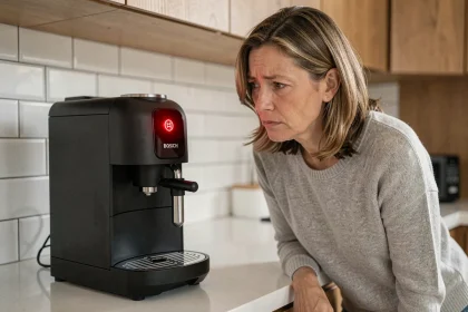 Femme observant le voyant rouge allumé sur sa machine Tassimo Bosch dans une cuisine moderne