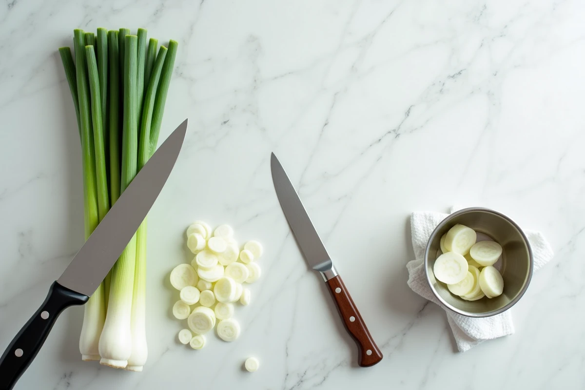 Vue aérienne de poireaux découpés en rondelles sur un plan de travail en marbre avec un couteau santoku