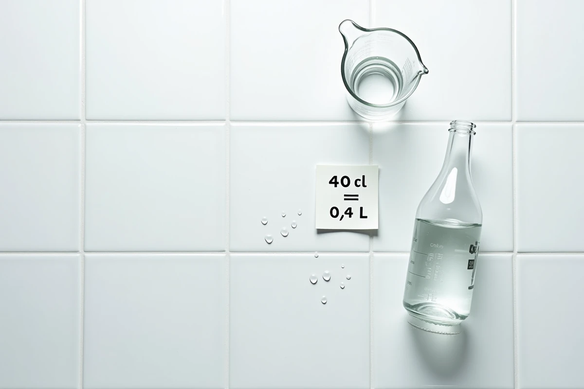 Vue de dessus d'un verre mesureur de 40 cl, une bouteille d'un litre et une note de conversion sur carrelage blanc