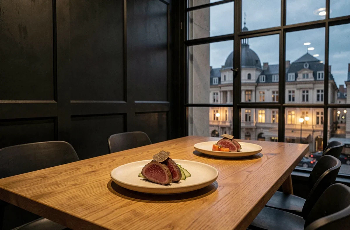 Intérieur contemporain d'inspiration japonaise du restaurant Yozora à Metz avec wagyu tataki sur table en chêne et vue nocturne de la ville